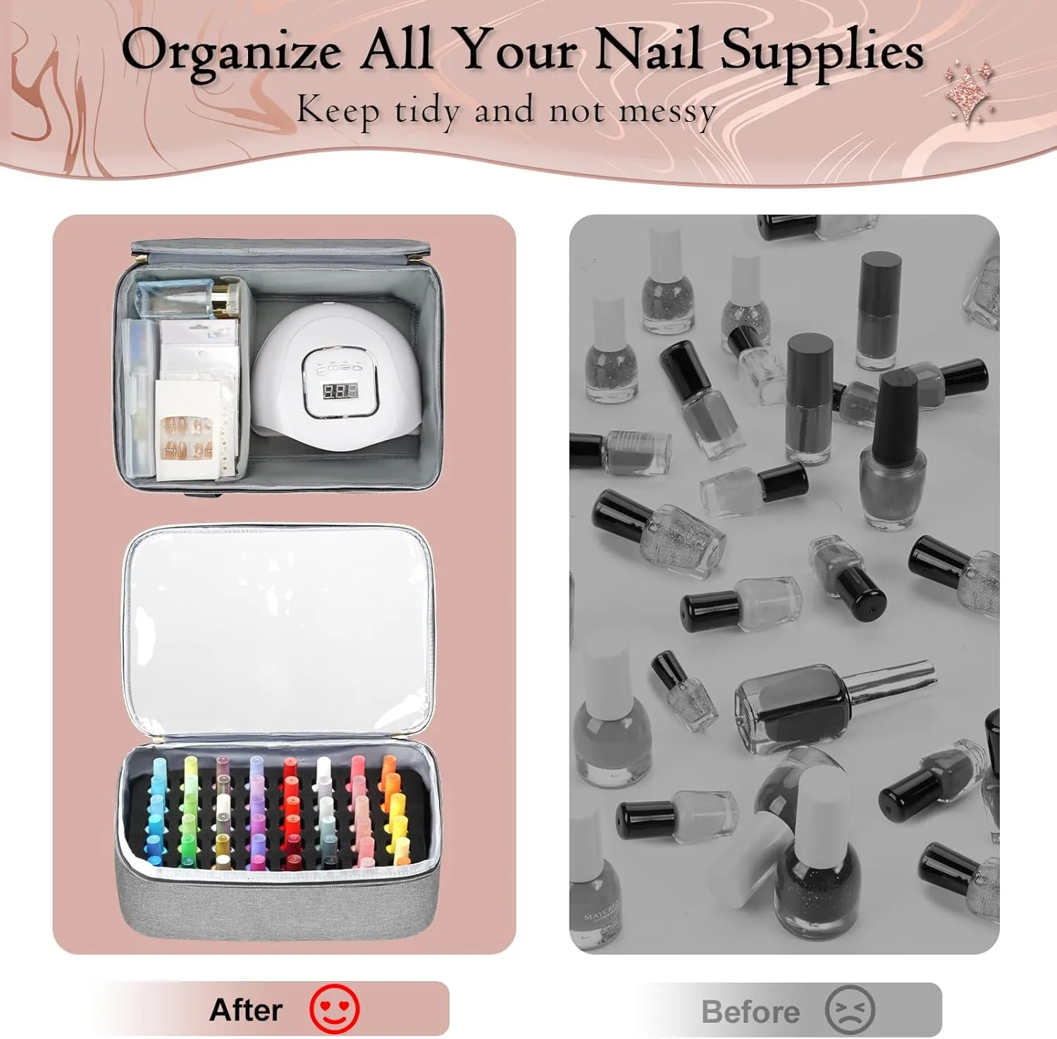 YOREPEK Nail Polish Organizer Case Holds 96 to 100  Bottles (15ml/0.5 fl.oz) UV lamp, Extra Large Nail Polish Holder with Support Board for Easy Access, Gel Kit Bag For Manicure Tools, Grey