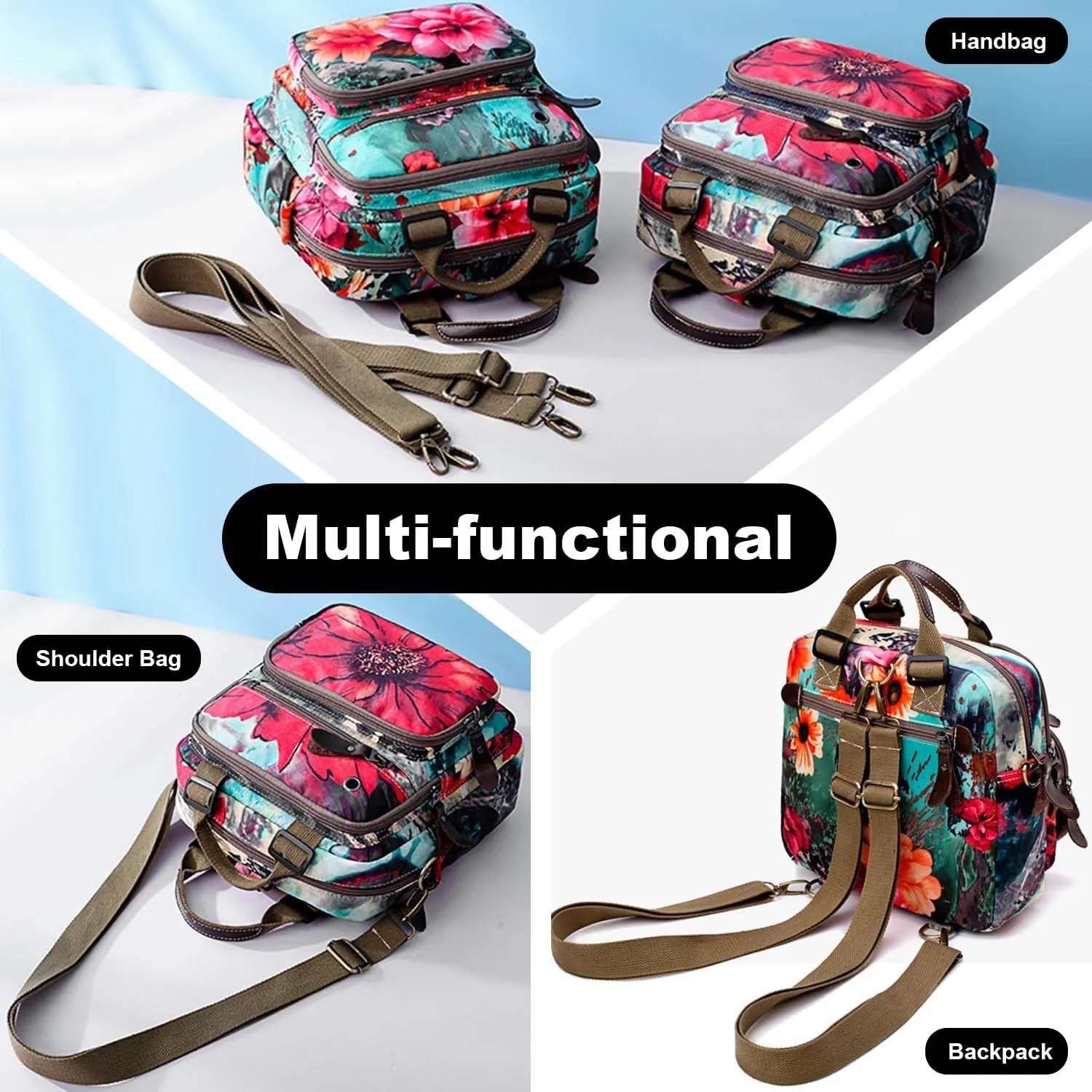 YouNuo Fashion Small Backpack Purse for Women, Floral Multi-Pocket Shoulder Handbag, Water-resistant Nylon Crossbody Purse for Mom, Ladies Convertible Mommy Bag with Insulated Pockets, Green