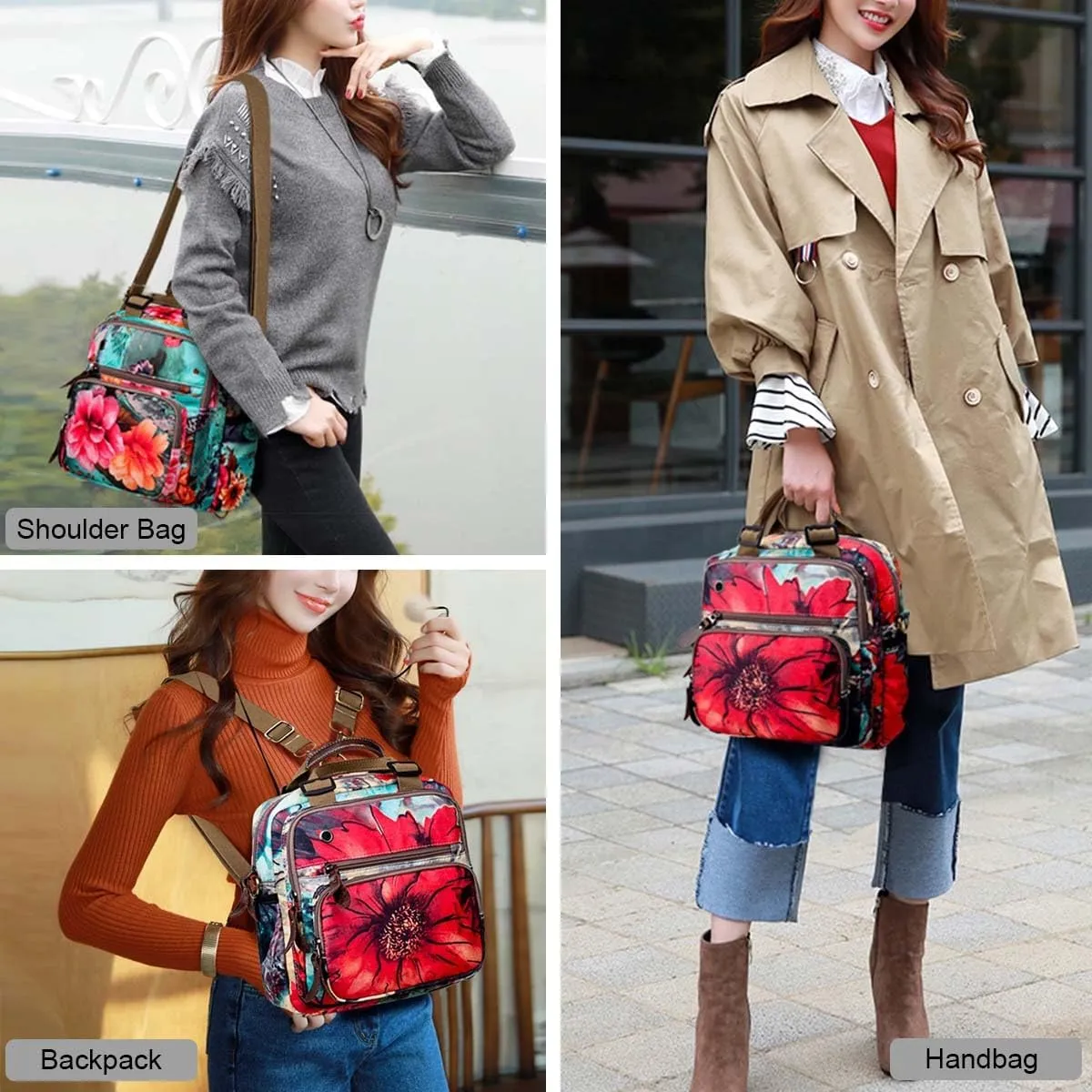 YouNuo Fashion Small Backpack Purse for Women, Floral Multi-Pocket Shoulder Handbag, Water-resistant Nylon Crossbody Purse for Mom, Ladies Convertible Mommy Bag with Insulated Pockets, Green