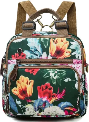 YouNuo Fashion Small Backpack Purse for Women, Floral Multi-Pocket Shoulder Handbag, Water-resistant Nylon Crossbody Purse for Mom, Ladies Convertible Mommy Bag with Insulated Pockets, Green