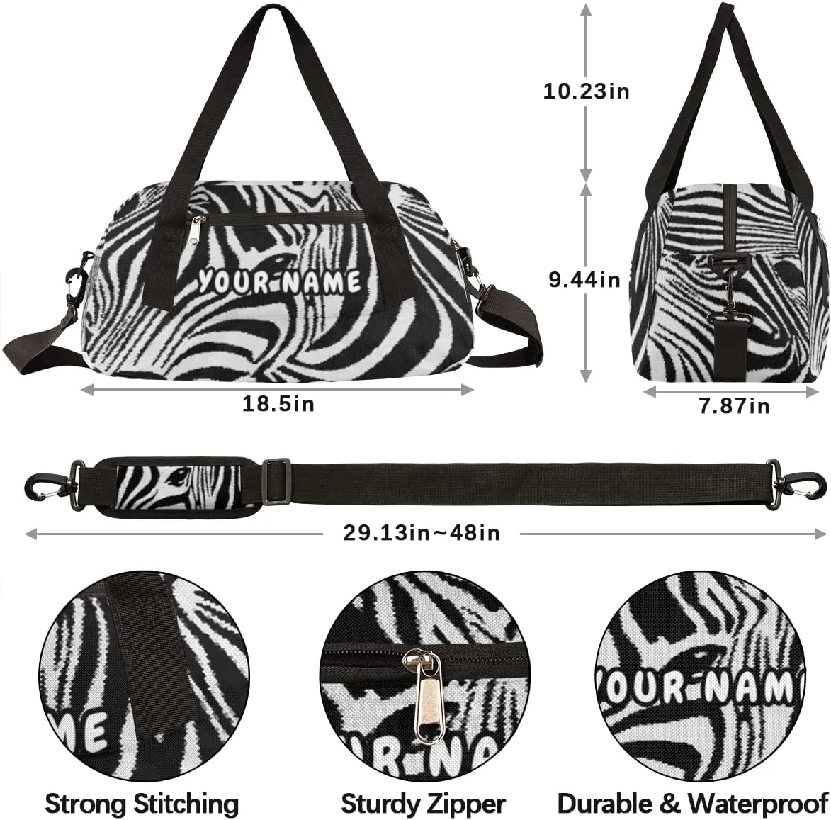 Zebra Print Personalized Kids Duffel Bag for Girls Boys, Zebra Customized Name Dance Bag Overnight Small Duffel Bag Carry On Weekend Sports Gym Travel Bag for School Practice Gymnastics Ballet