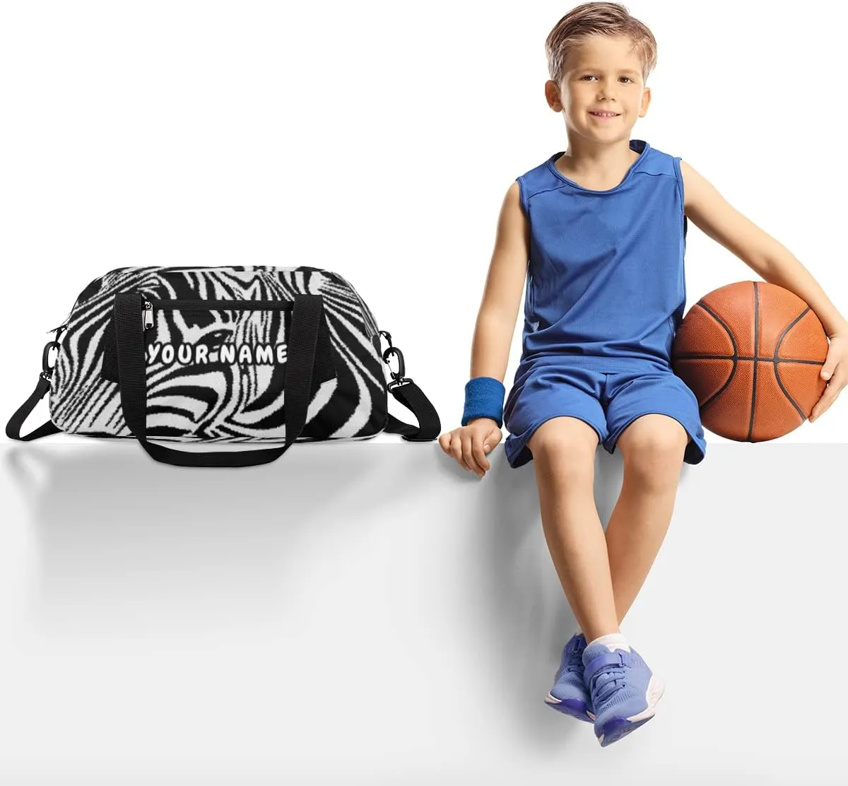 Zebra Print Personalized Kids Duffel Bag for Girls Boys, Zebra Customized Name Dance Bag Overnight Small Duffel Bag Carry On Weekend Sports Gym Travel Bag for School Practice Gymnastics Ballet