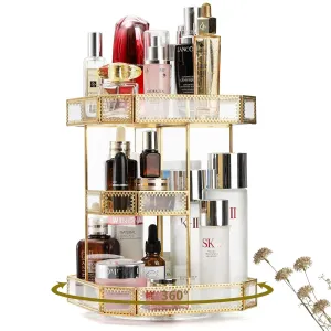 ZOOFOX 360 Degree Rotating Glass Makeup Organizer, Large Cosmetics Storage Display Holder with Gold Trim for Vanity, Clear Makeup Carousel for Perfume, Cosmetics, Brushes, Lotion, Lipsticks